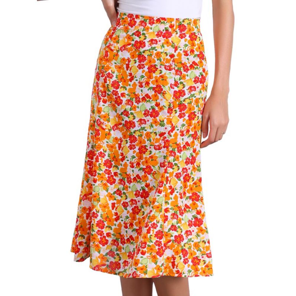 Floral Peasant Elastic Waist A-Line Leave Print Midi Skirt Orange Green